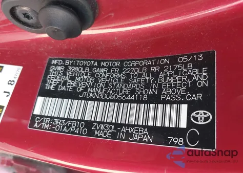 2013 Toyota Prius Two z USA, uszkodzony, nr VIN JTDKN3DU6D5644118